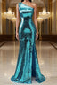 Sparkly Blue Sequins One Shoulder Prom Dresses Long with Slit