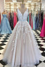 A Line Applique Tulle Prom Dress, Long V Neck Sleeveless Prom Dress with Beading