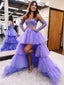 A Line Asymmetrical Strapless Tiered Tulle Prom Dress