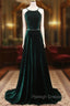 A Line Backless Green Velvet Long Prom Dresses, Green Formal Prom Dresses