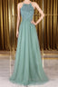 A Line Backless Lace Green Long Prom Dresses, Backless Green Lace Formal Graduation Evening Dresses