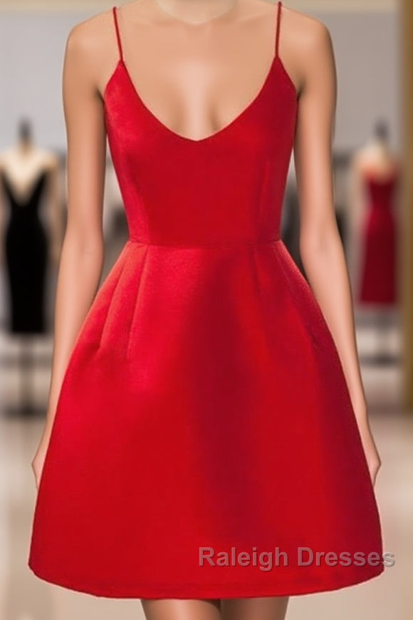 A Line Backless Short Red Prom Dresses, Short Red Satin Homecoming Gra
