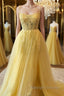A Line Backless Yellow Lace Floral Prom Dresses Long with High Slit Open Back Yellow Lace Prom Dresses Yellow Lace Prom Dresses