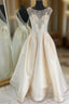 A Line Bateau Backless Ivory Satin Beading Long Prom Dresses