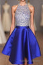 A Line Beaded Halter Satin Prom Dress Short Open Back Homecoming Dress