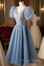 A Line Beaded Short Prom Dress, Cute Short Sleeve Homecoming Prom Dress