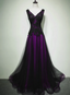A-Line Black And Purple Tulle V-Neckline Beaded Prom Dresses Black Tulle Prom Dresses