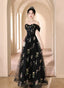 A-Line Black Floral Tulle Floor Length Prom Dresses Off The Shoulder Prom Dresses
