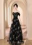 A Line Black Floral Tulle Floor Length Prom Dress, Off the Shoulder Prom Prom Dress