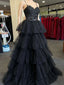 A-Line Black Layers Tulle With Lace Straps Prom Dresses Black Tulle Prom Dresses
