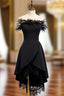 A-Line Black Satin Lace Of the Shoulder Prom Dress