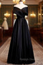 A Line Black Satin Off the Shoulder Pleats Prom Dress