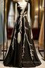 A Line Black Satin See Through V Neck Appliques Prom Dress