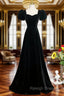 A Line Black Short Sleeves Velvet Long Prom Dress, Black Simple Bridesmaid Dress
