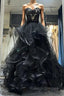 A Line Black Sweetheart Tulle Layers Long Prom Dress, Black Tulle Prom Dress