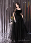 A-Line Black Tulle And Velvet Short Sleeves Prom Dresses Black Prom Dresses