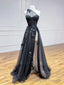 A Line Black Tulle Lace Long Prom Dress, Black Formal Graduation Dress