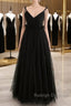 A-Line Black Tulle Long Prom Dresses, Black Formal Evening Dresses