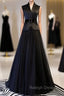 A Line Black Tulle Satin V Neck Prom Dress With Sash