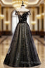 A Line Black Tulle Sequins Off the Shoulder Long Prom Dresses