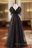 A-Line Black Tulle Sequins V-neck Beading Prom Dress