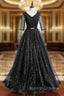 A Line Black Tulle Sequins V Neck Short Sleeve Prom Dresses