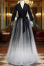 A Line Black Tulle V Neck Long Sleeve Prom Dress