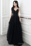 A-Line Black Tulle V-Neckline Straps Long Party Dress, Black Tulle Prom Dress