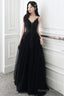 A-Line Black Tulle V-Neckline Straps Long Prom Dresses Black Tulle Prom Dresses