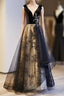 A-Line Black Tulle Velvet Sequins Prom Dress