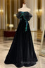 A Line Black Velvet and Tulle Off Shoulder Prom Dress, Black Long Prom Dress