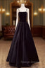 A Line Black Velvet Floor Length Prom Dress, Pearls Spaghetti Straps Long Prom Dress