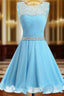 A Line Blue Chiffon Scoop Neck Backless Beading Crystal Homecoming Dresses