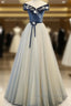 A-Line Blue-Grey Sequins Off Shoulder Long Party Dress Velevet Long Prom Dress