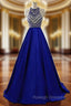 A-Line Blue Halter Satin Beading Prom Dress With Pocket