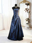 A-Line Blue Satin Beaded Floor Length Prom Dresses Blue Satin Scoop Long Prom Dresses