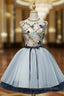 A Line Blue Tulle Appliques Backless Homecoming Dresses