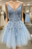 A Line Blue Tulle Appliuqes Spaghetti Straps Beading Homecoming Dress