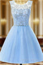 A Line Blue Tulle Beading Backless Homecoming Dresses