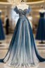 A-Line Blue Tulle Beading Backless Prom Dress
