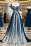 A Line Blue Tulle Beading Backless Prom Dress
