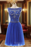 A Line Blue Tulle Crystal Beading Backless Homecoming Dress