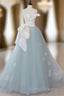A-Line Blue Tulle Lace Applique Long Prom Dress, Blue Long Formal Dress
