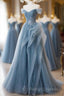 A Line Blue Tulle Long Prom Dresses With Lace Off Shoulder Tulle Prom Dresses