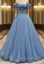 A Line Blue Tulle Off the Shoulder Beading Pleats Prom Dress