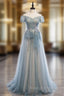 A Line Blue Tulle Off the Shoulder Short Sleeve Prom Dresses