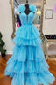 A Line Blue Tulle Pleats Prom Dresses
