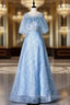 A Line Blue Tulle Sequins Bat Sleeve Prom Dresses