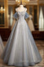 A Line Blue Tulle Sequins Spaghetti Straps Prom Dress