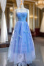 A Line Blue Tulle Sleeveless Butterfly Backless Beading Prom Dress